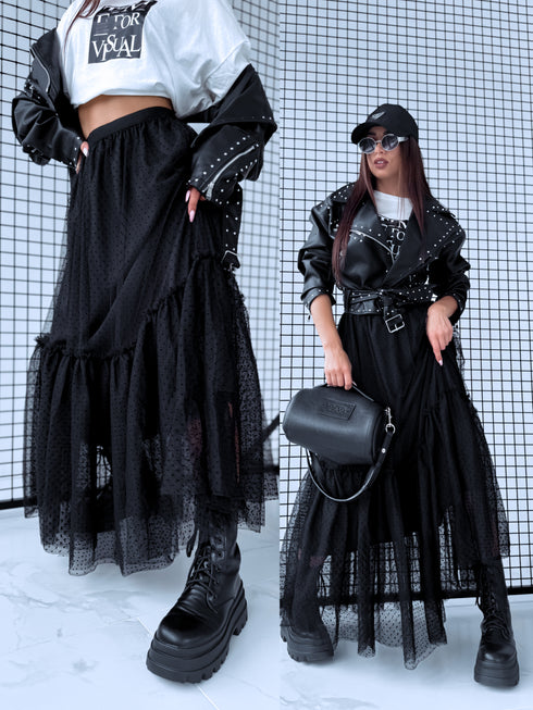 Punktuotas tiulio sijonas "DIVINE LA3628" - JUODAS